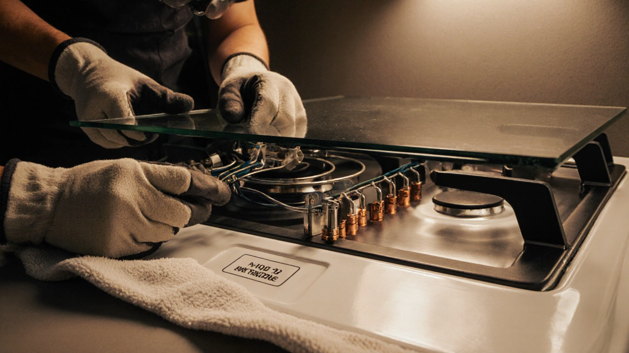 Person replacing a hob element under lifted glass top, wearing safety gear.