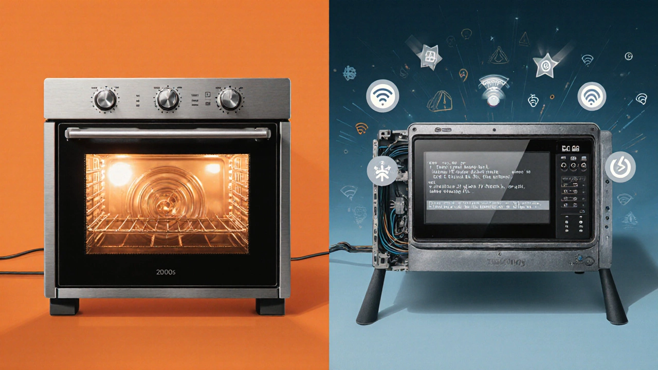 Side-by-side comparison of a simple vintage oven and a modern smart oven with failing electronics.