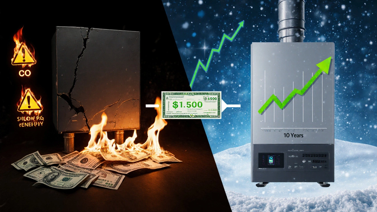 Split image: burning money beside broken boiler vs. new boiler with rebate and green energy icons.