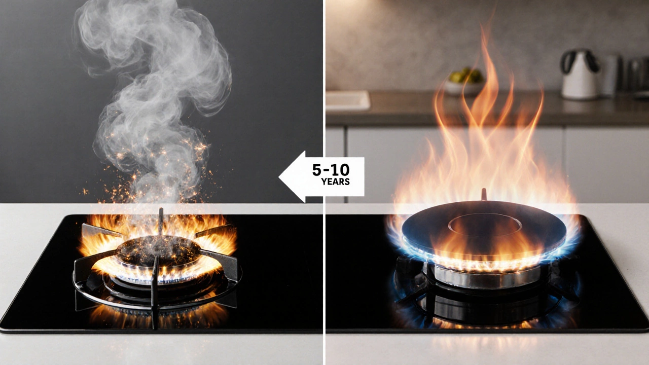 Split image comparing old damaged and new functional hob elements with lifespan timeline.