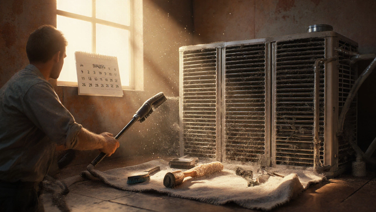Technician cleaning dusty condenser coils at the back of a freezer with a brush vacuum.