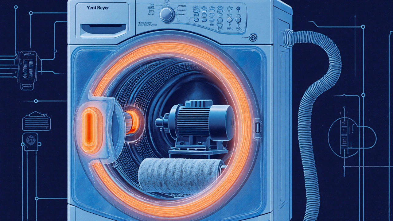 Transparent dryer showing failed capacitor, worn rollers, and clogged vent hose.