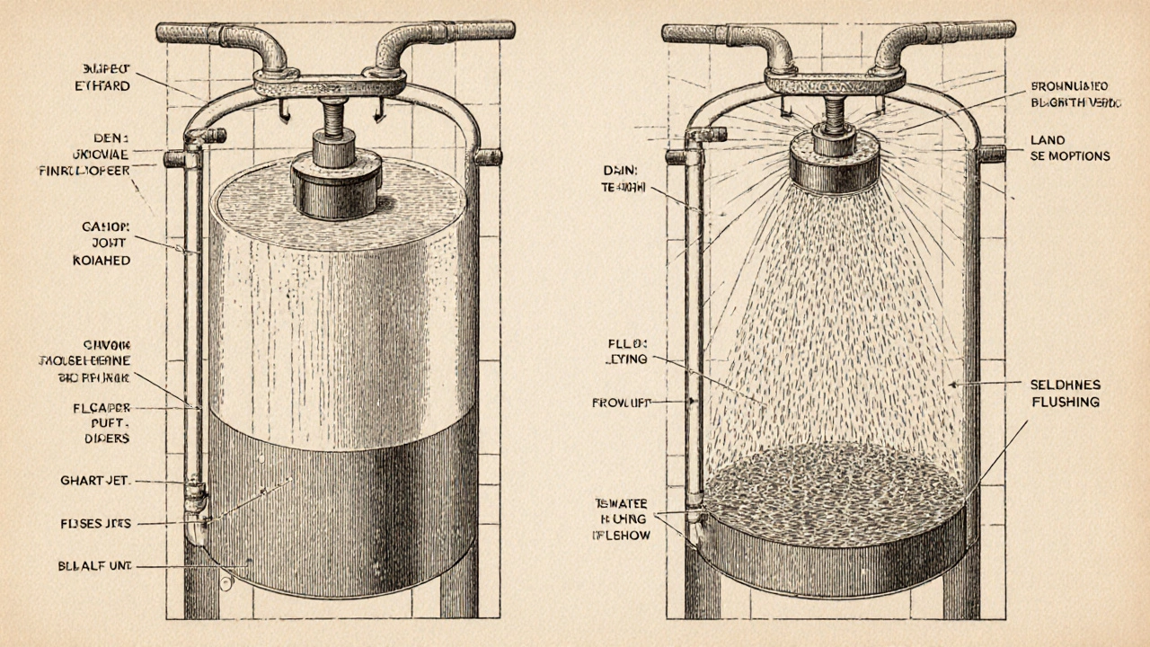 Vintage diagram comparing draining vs flushing a water heater with technical details.