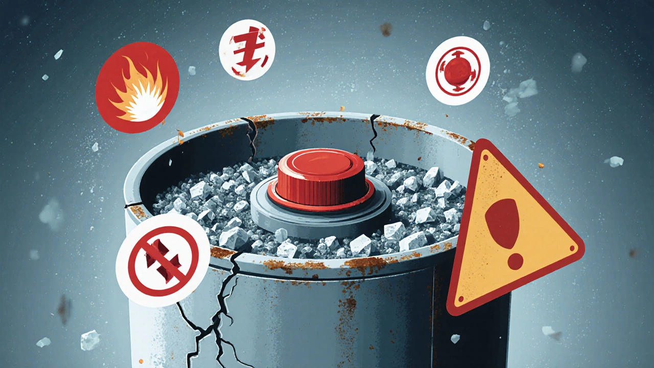 Water heater with sediment buildup and safety warning icons around reset button