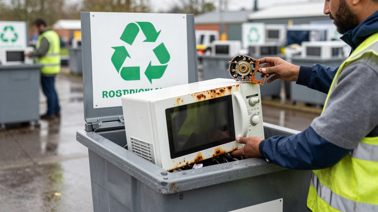 A discarded microwave being recycled at a UK e-waste facility with a technician holding the magnetron.