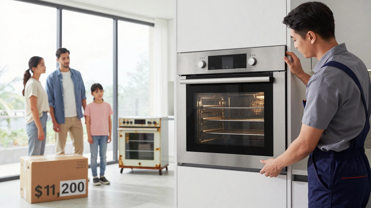 A modern oven being installed in a bright kitchen while an old one is discarded nearby.