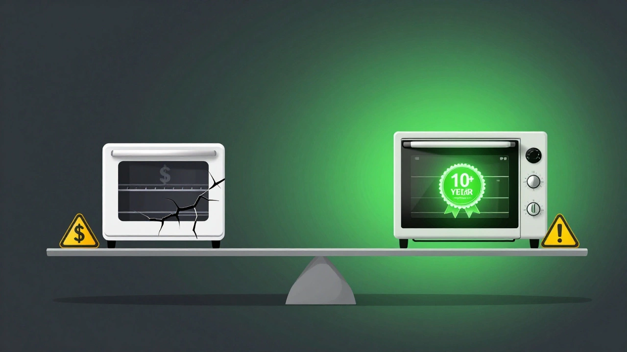 A symbolic scale comparing a broken oven to a new energy-efficient model.