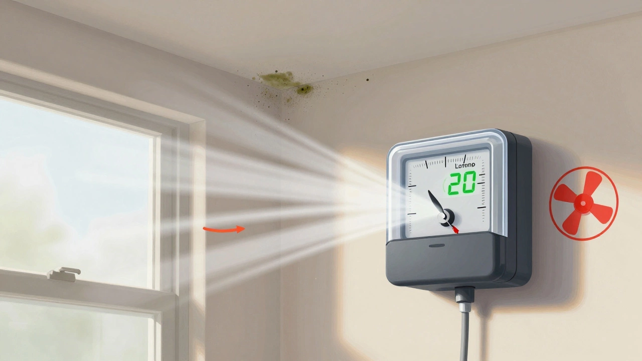 Bathroom fan pulling air while moisture condenses on walls, with a 20-minute timer counting down.