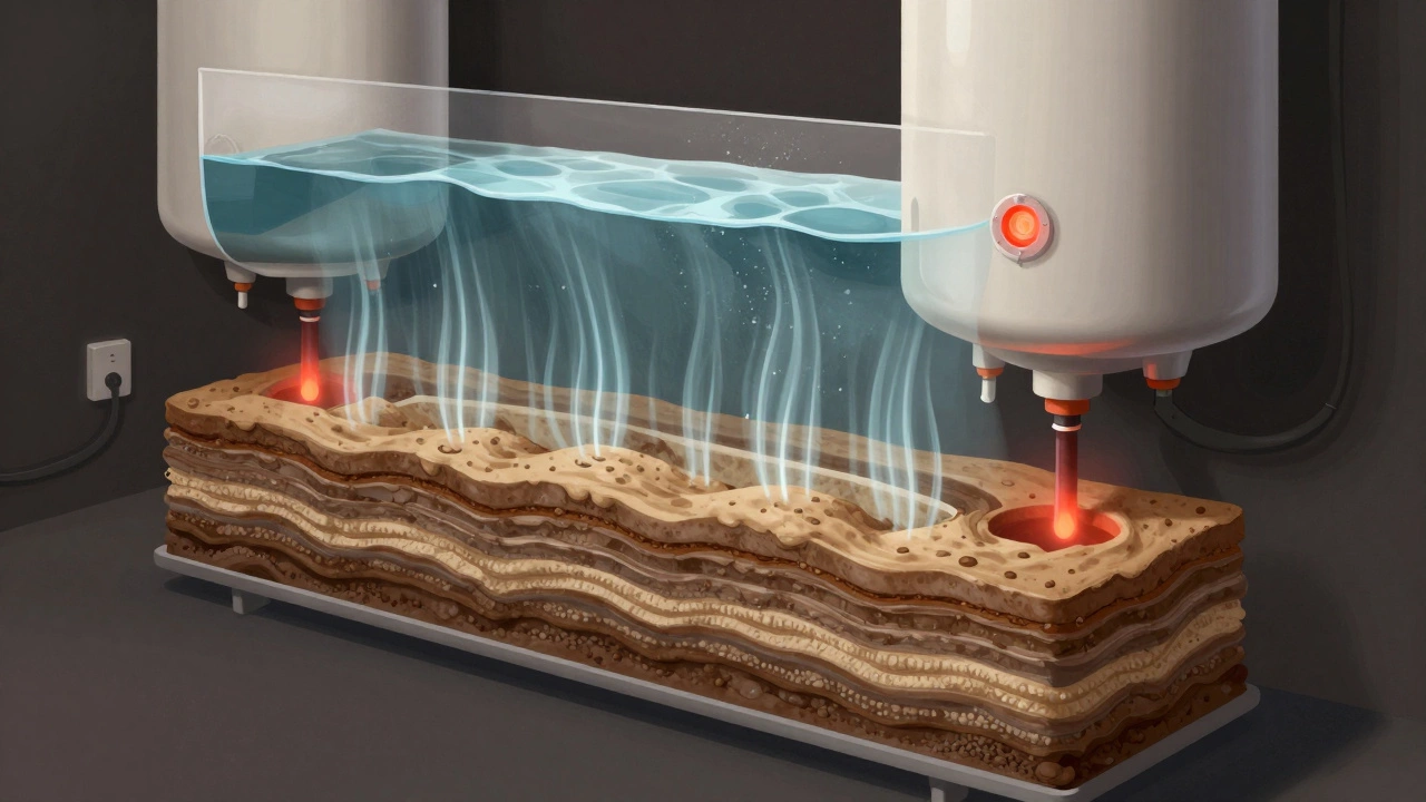 Cross-section of water heater showing thick sediment layers blocking heat transfer