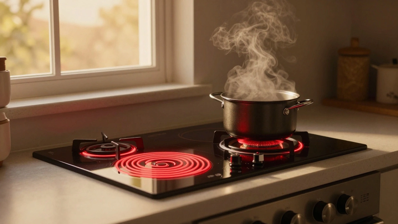 Evenly glowing electric stove element heating a pot on a clean cooktop.