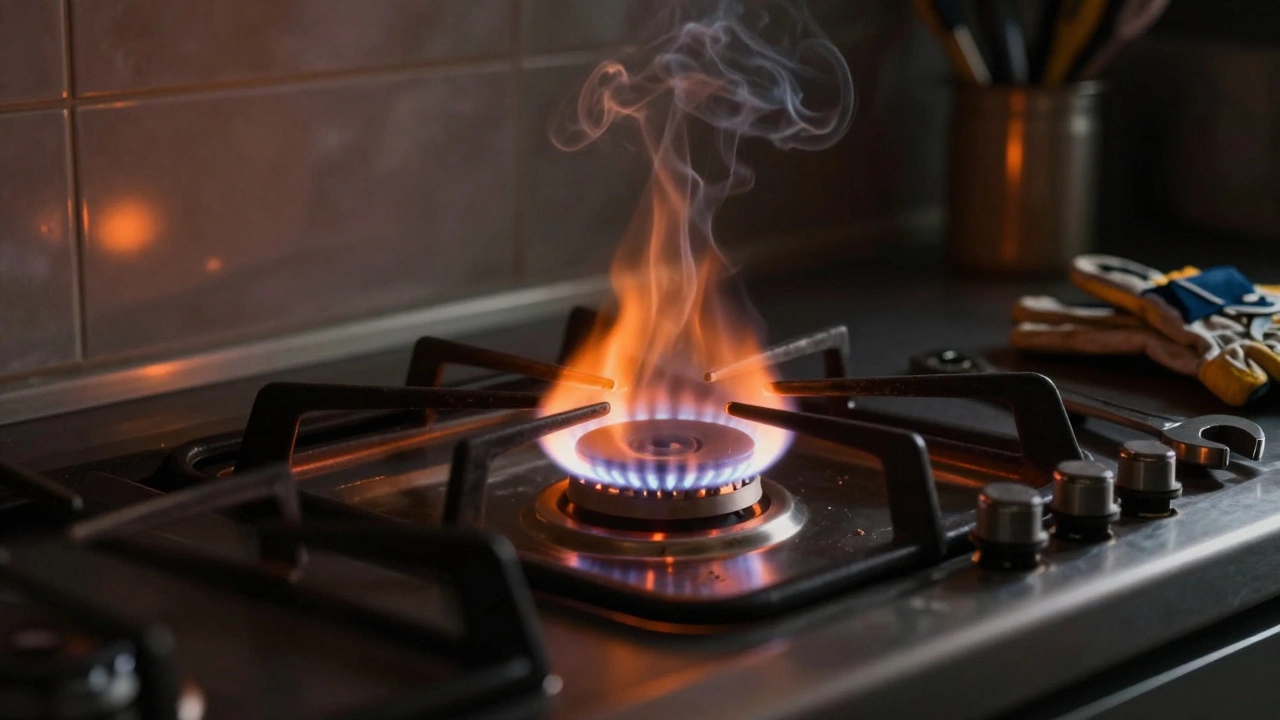 Gas oven with delayed ignition flame and smoke-like shadows suggesting gas leak.