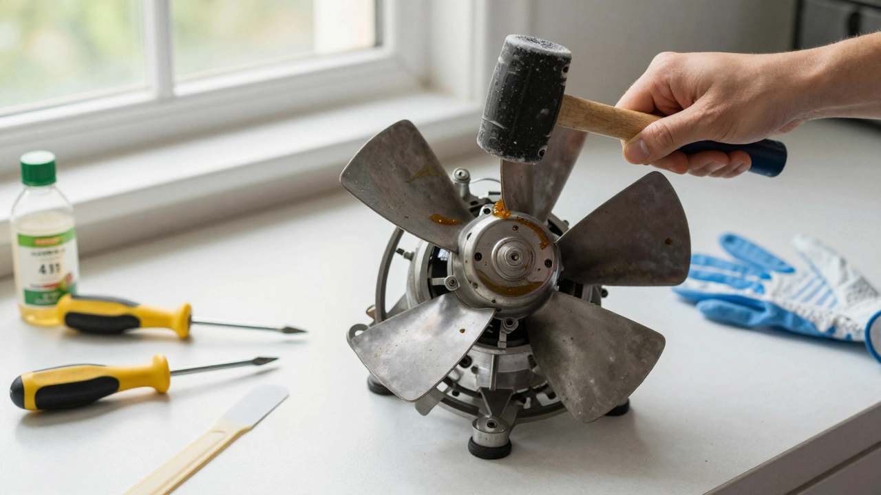 Hand removing a fan blade from motor shaft using a rubber mallet.