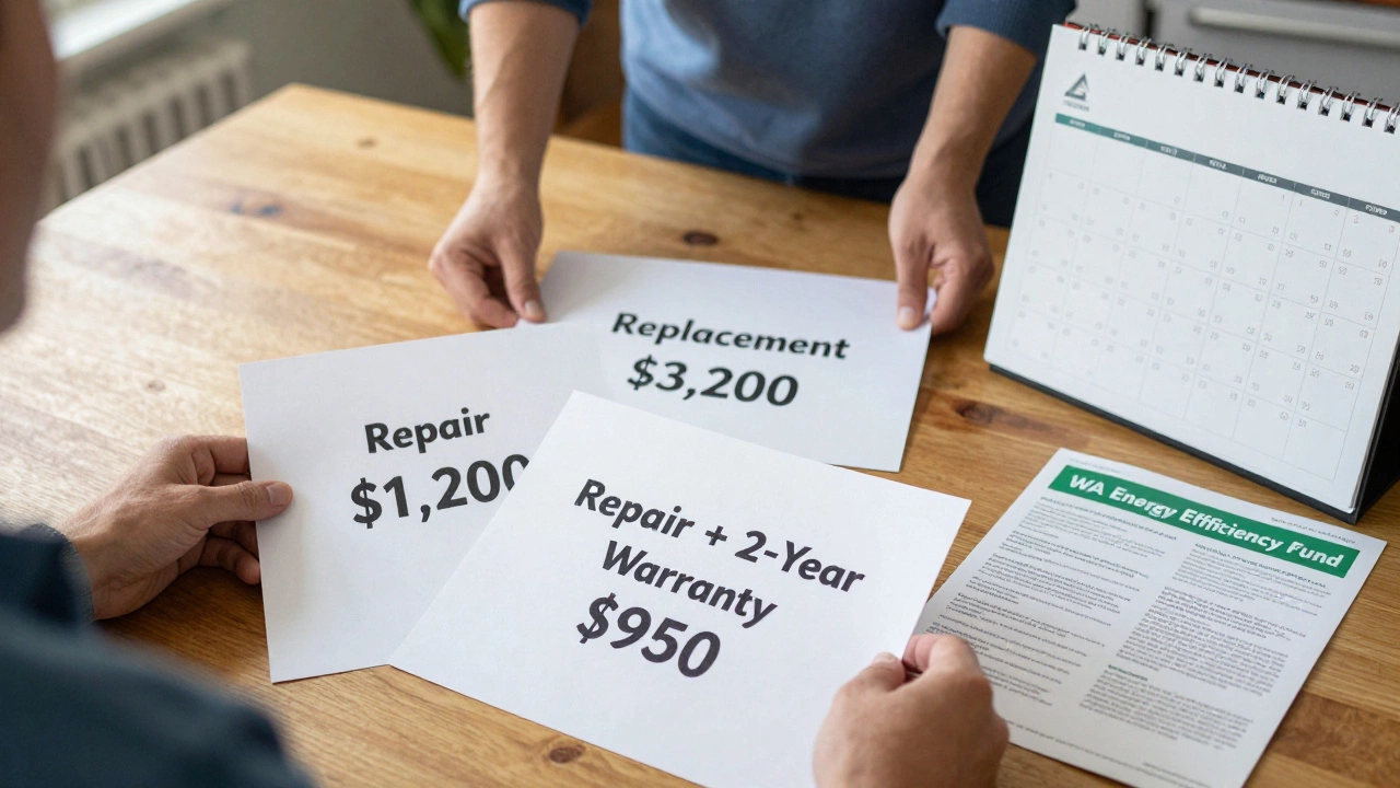 Homeowner reviewing three written boiler repair and replacement quotes on a kitchen table with seasonal calendar.