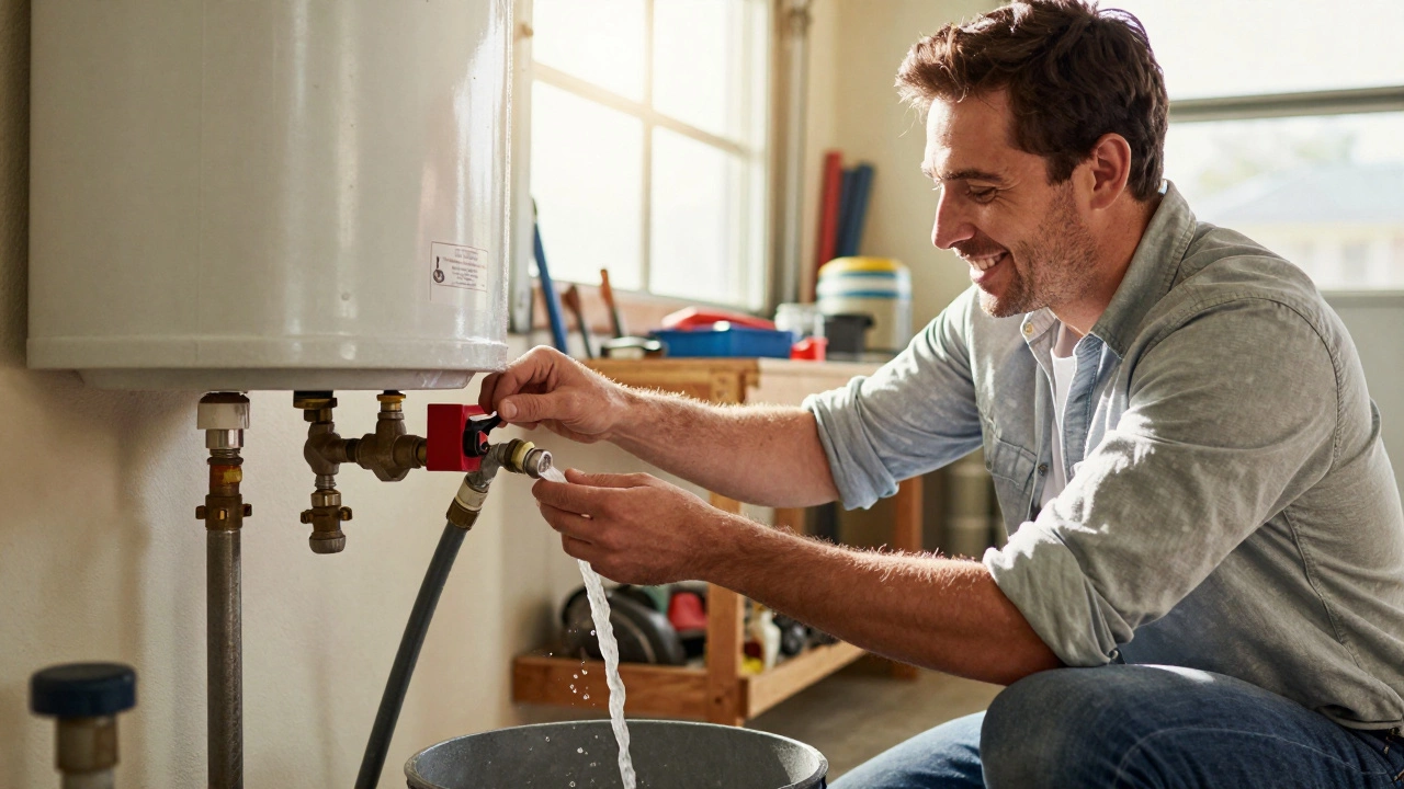 Homeowner turning off water heater power during maintenance in a sunlit garage