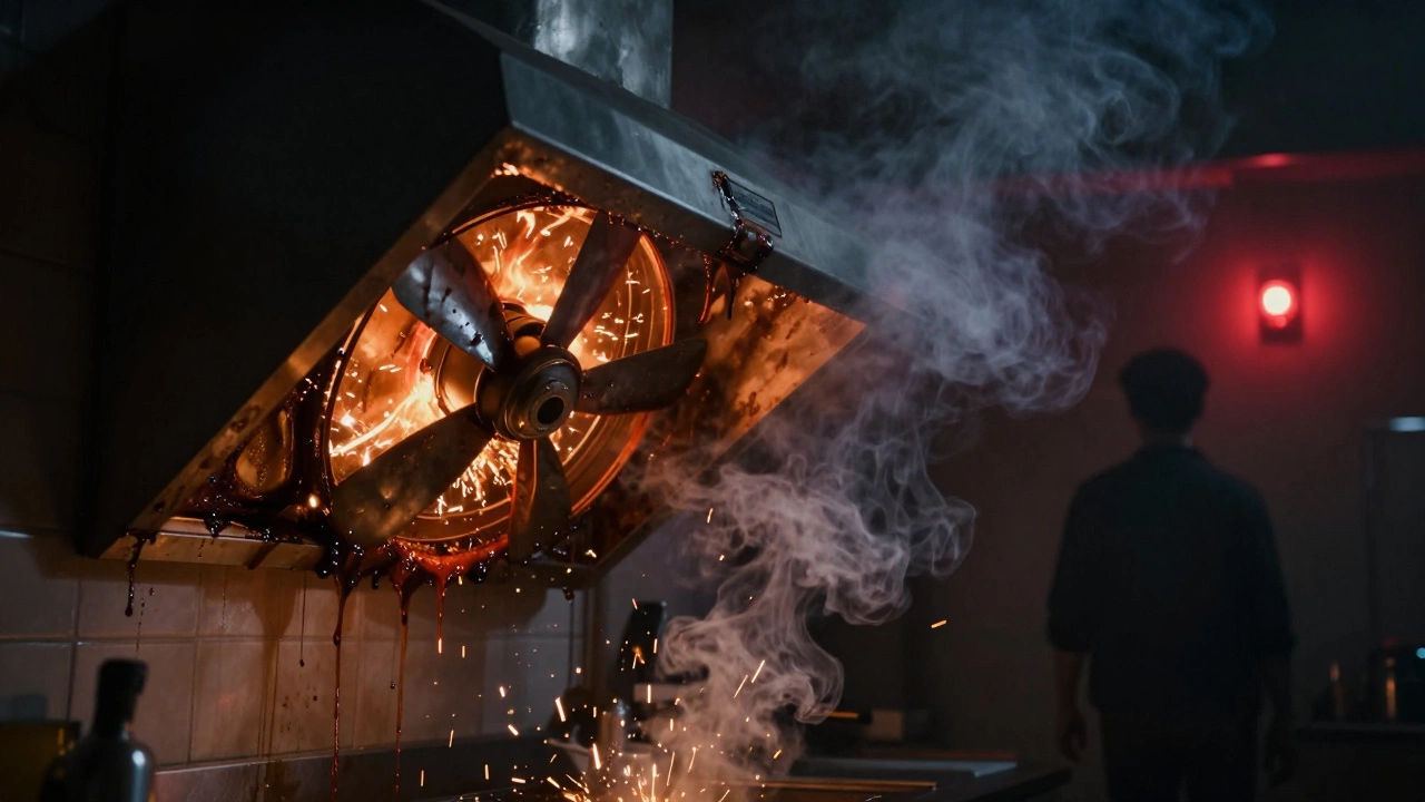 Kitchen extractor fan sparking with grease buildup, smoke rising, and a person walking away.