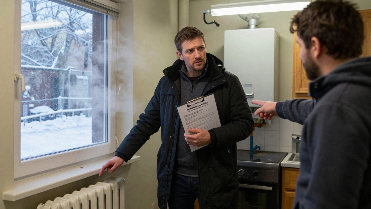 Landlord and tenant in a rented apartment, one holding a safety certificate, boiler malfunctioning in background.