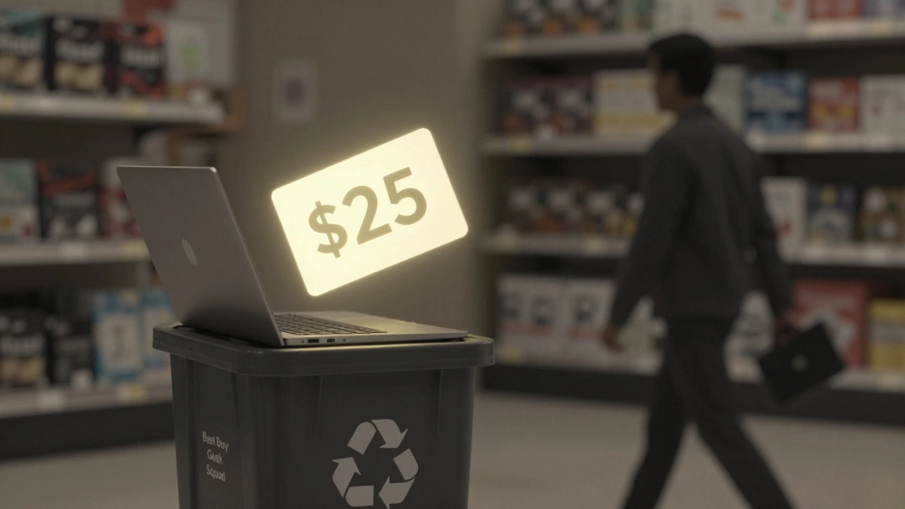 Laptop being recycled at Best Buy with gift card floating nearby