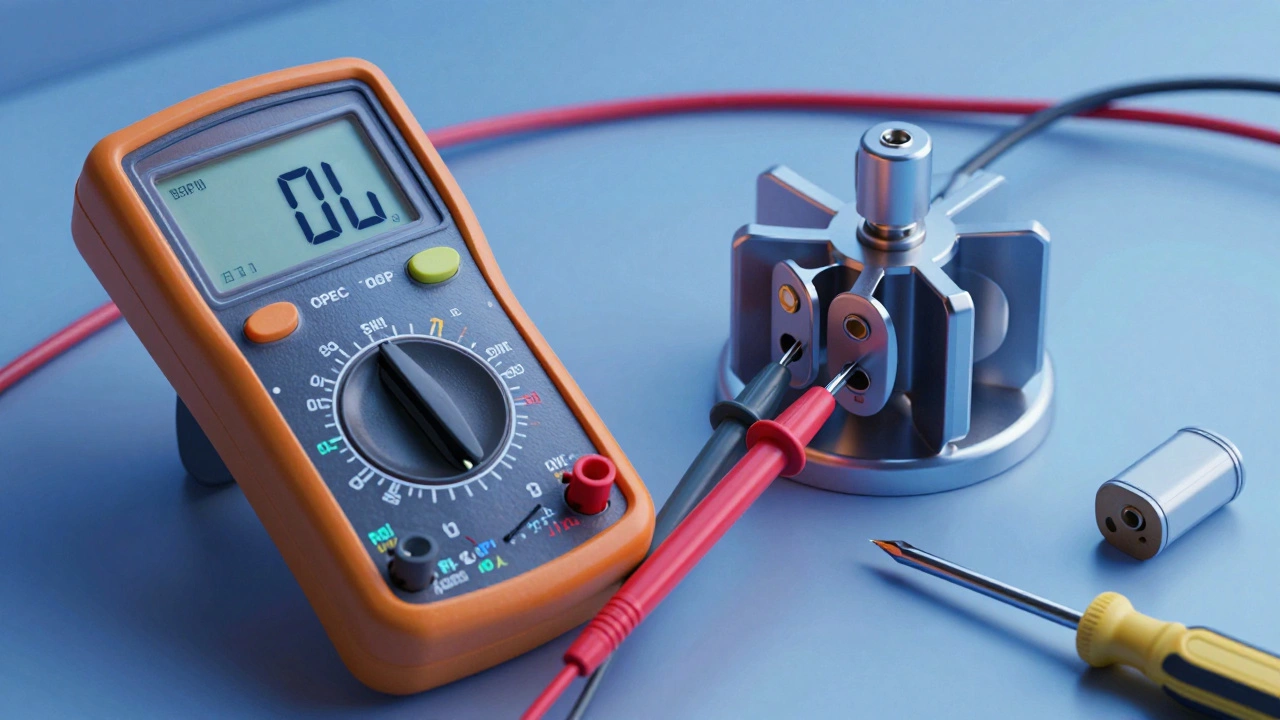 Multimeter showing open loop reading on a stove element's terminals.