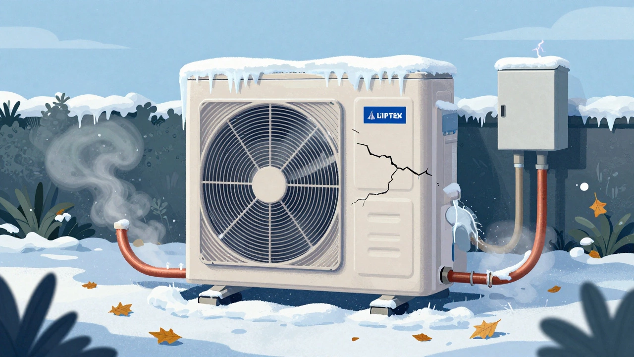 Outdoor heat pump unit covered in thick ice with leaking refrigerant lines and debris around it.