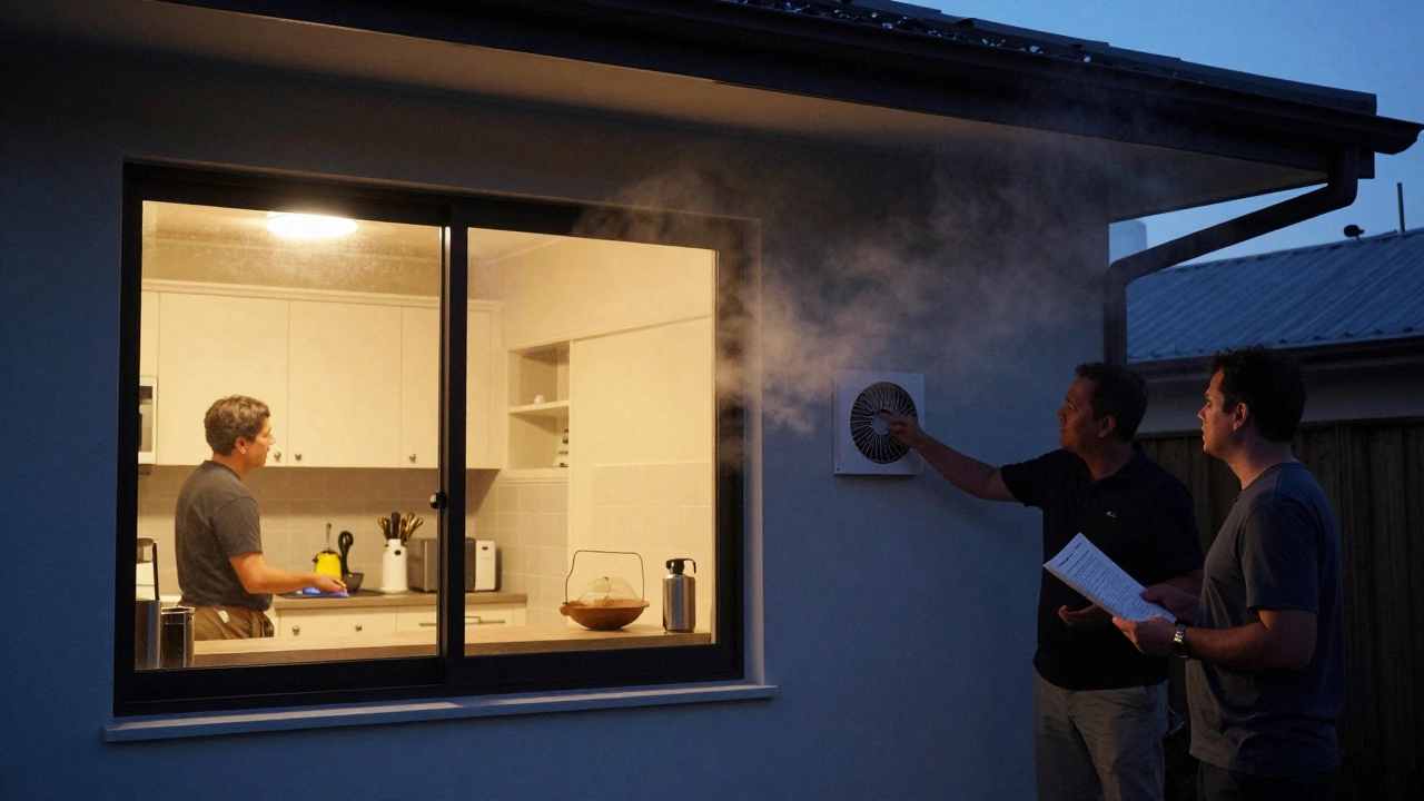 Perth home at dusk with extractor fan venting moist air, homeowner and inspector inside.