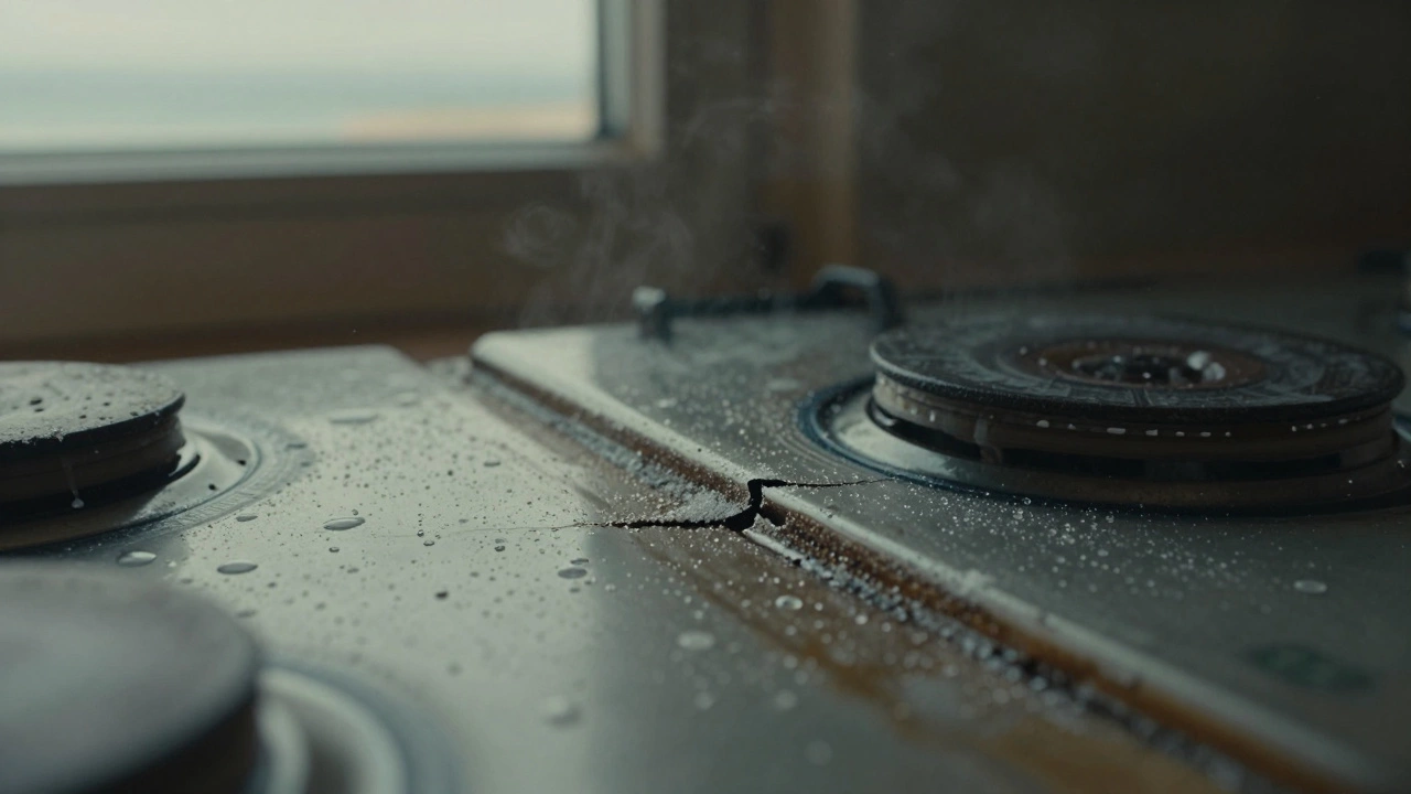 Salt and moisture seeping under hob edge, steam bubbles forming as glass begins to crack.