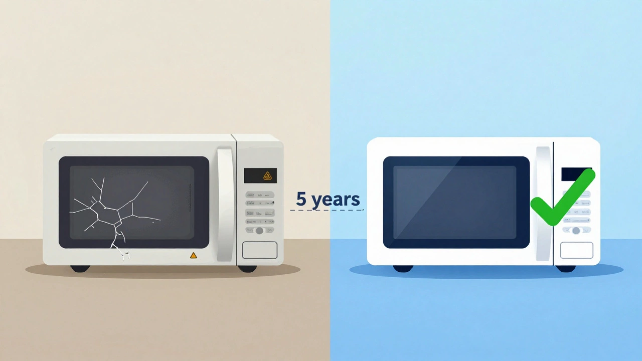 Split image comparing an old microwave with a new one, highlighting repair vs replacement.