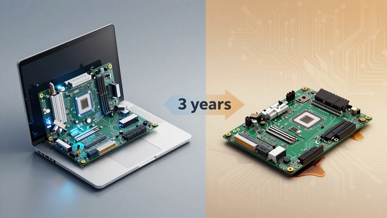 Split image showing a healthy motherboard transitioning to a damaged one over time.