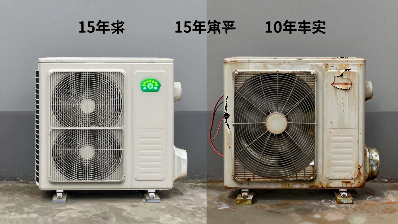 Split image showing a new efficient heat pump on the left and a worn-out, damaged unit on the right.