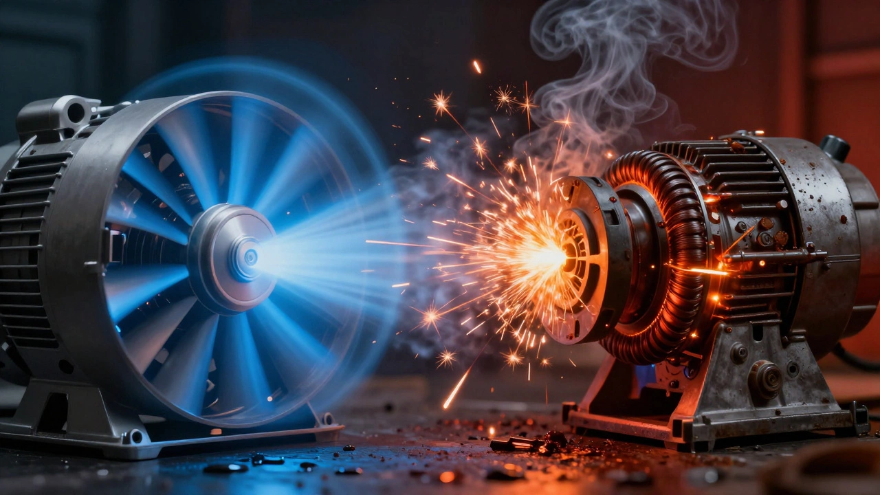 Split image showing clean motor with safe airflow versus greasy motor with fire sparks.