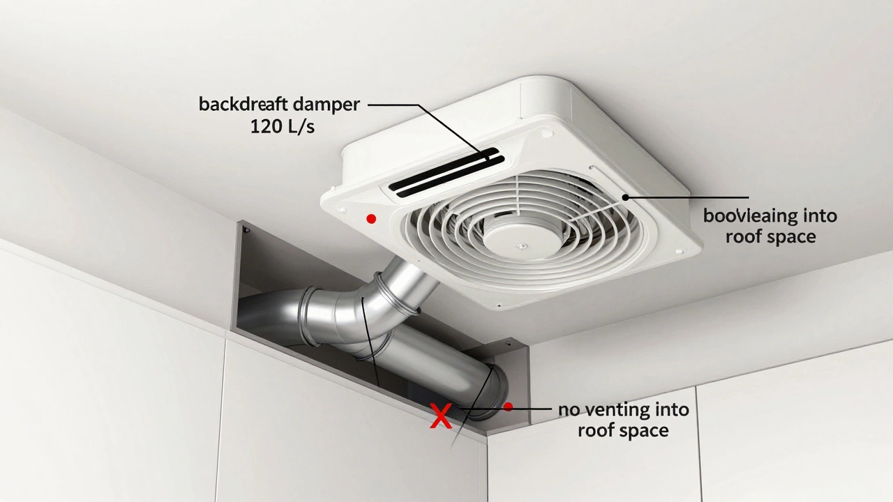 Technical cross-section showing legal extractor fan ducting to external wall, not roof space.