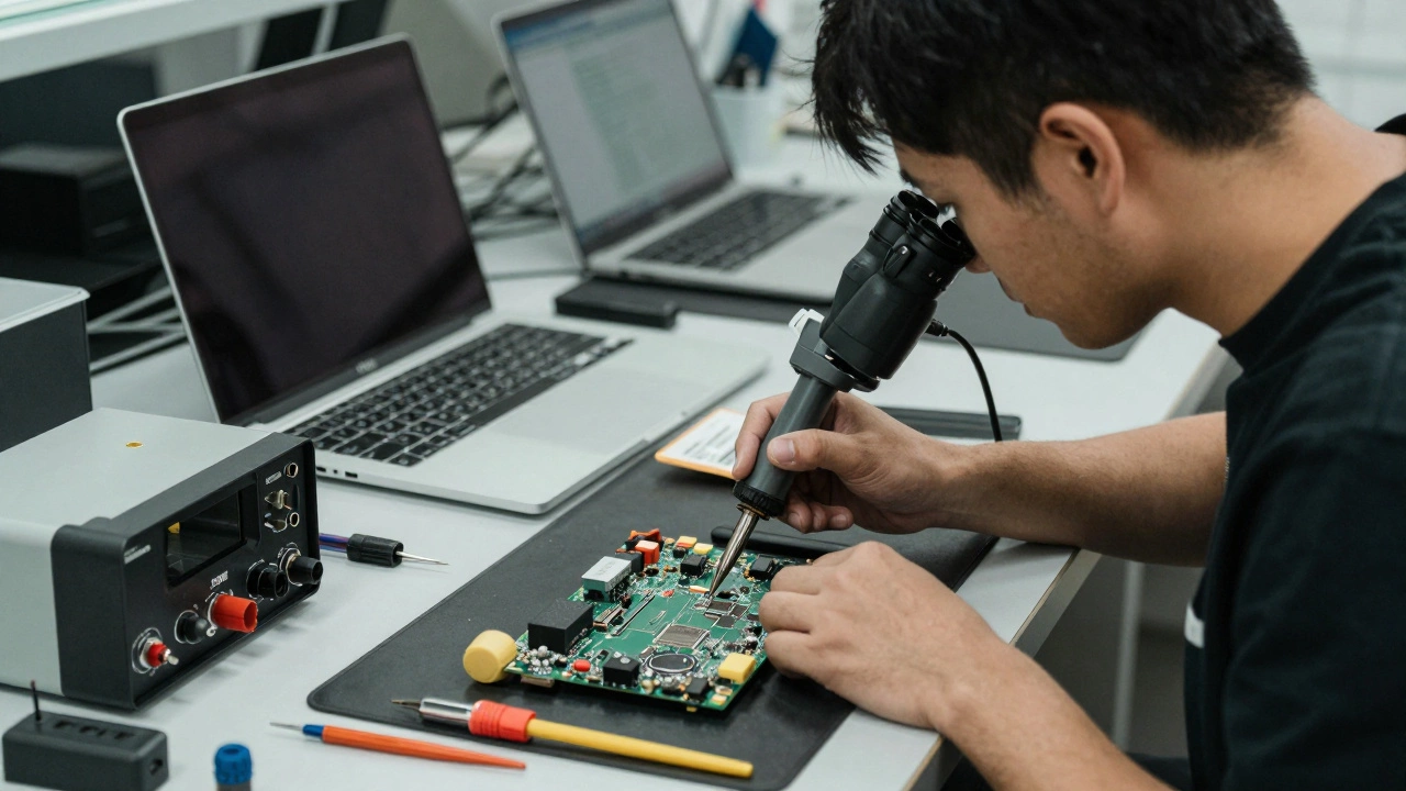 Technician repairing a laptop motherboard using a microscope and precision tools.