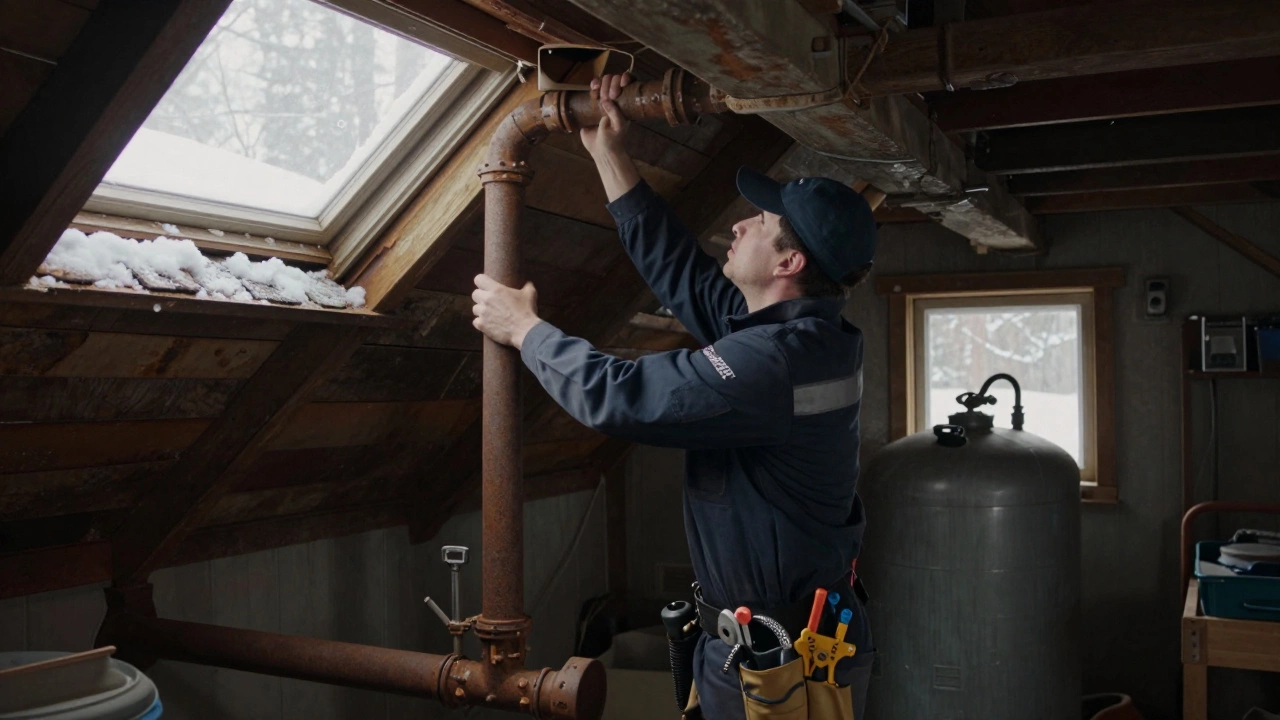 Technician working on a gas vent pipe in a snowy attic, new water heater in background.