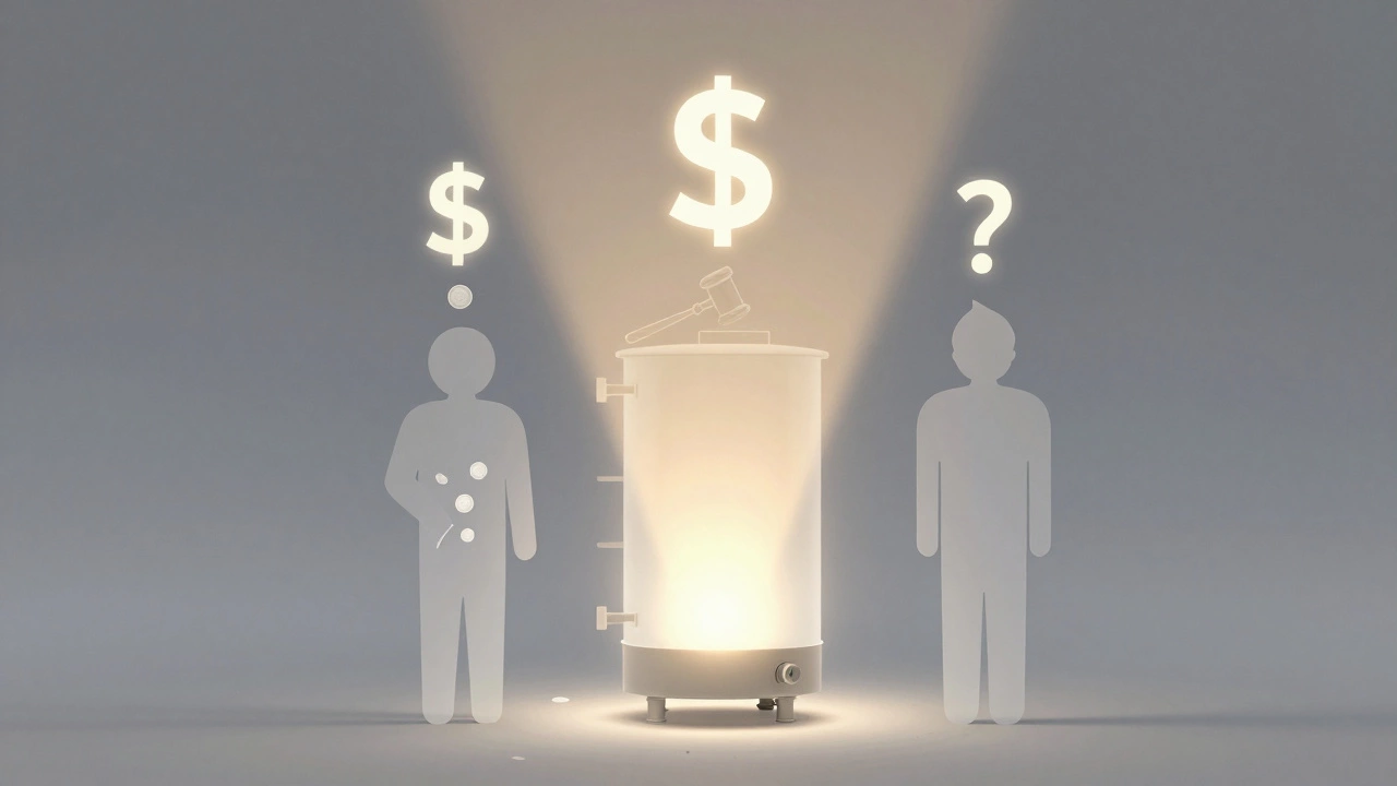 Three transparent figures beside a glowing boiler, with symbols representing financial and legal responsibilities.