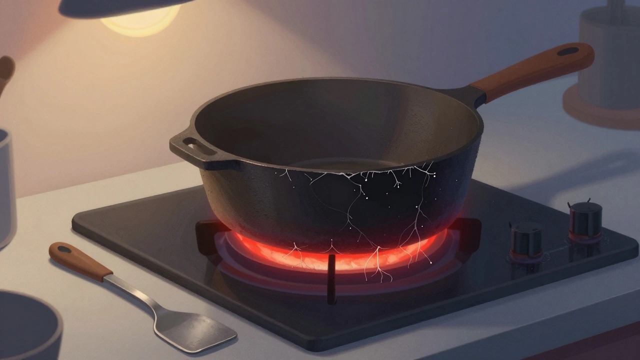 Warped pot causing pressure points on hob, micro-fractures spreading beneath it.