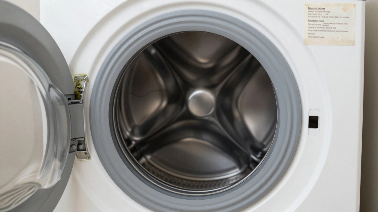 Washing machine with water pooling underneath and mold on the door seal.