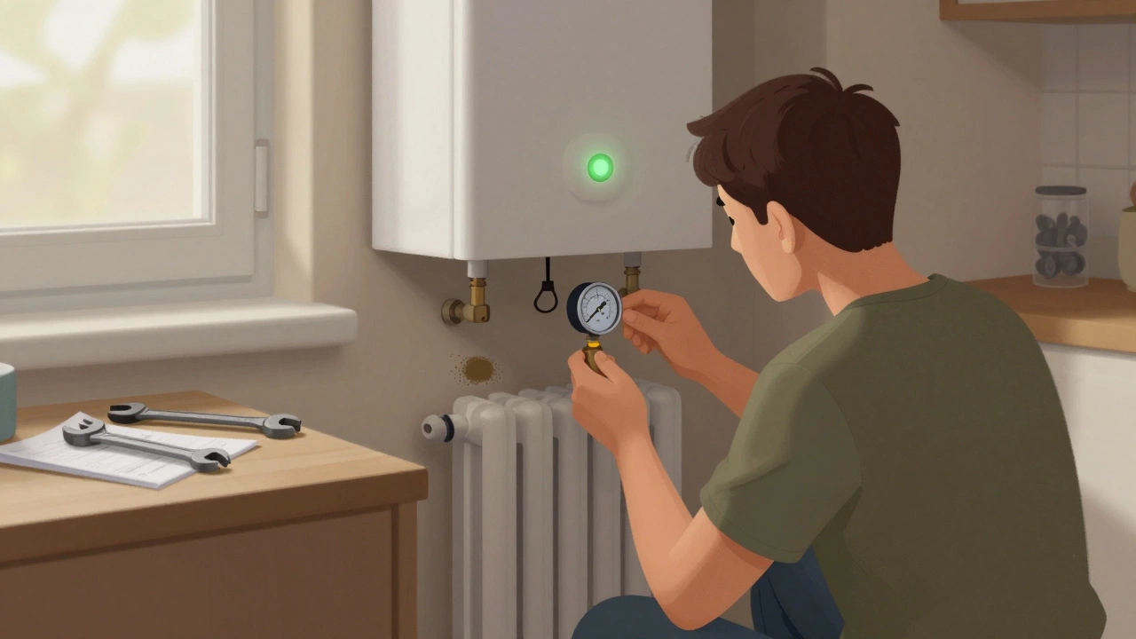 A homeowner checking their boiler's pressure gauge while noticing a small damp patch on the wall.