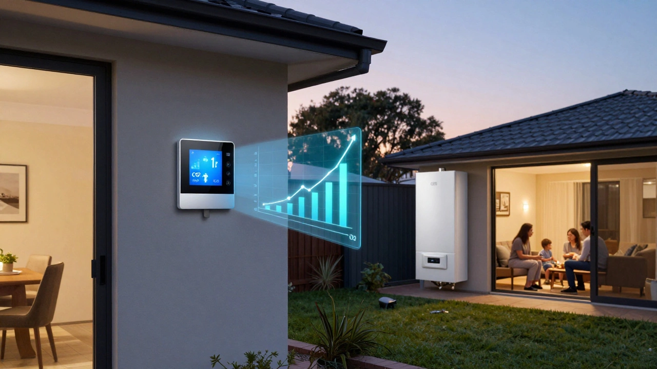 A Perth home at dusk with a smart thermostat and new boiler, symbolizing energy savings and family comfort.