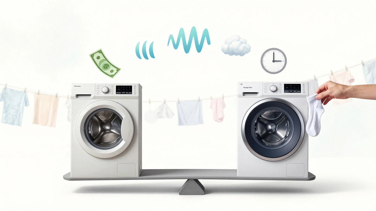 A scale balancing an old dryer against a new energy-efficient one, with icons of savings and lint floating above.