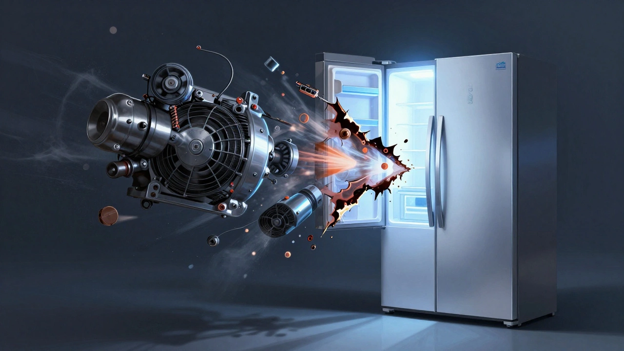 Broken vintage fridge exploding with parts, contrasted with a sleek new energy-efficient model.