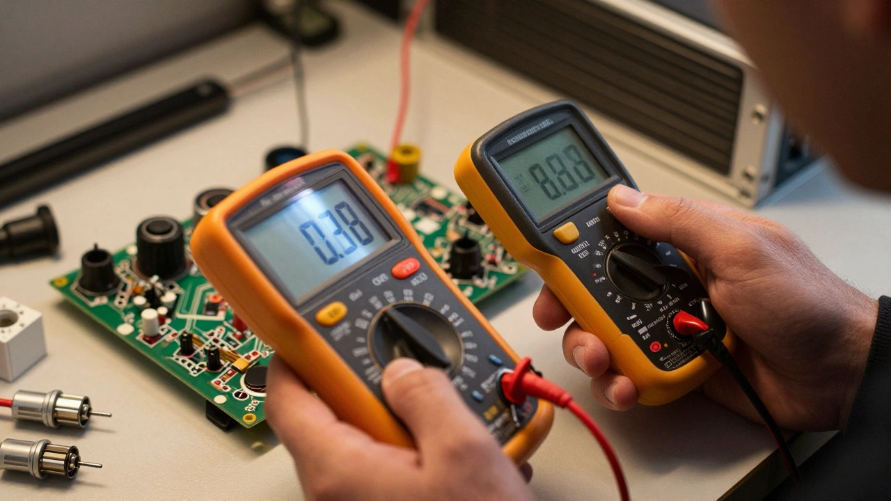 Close-up of hands diagnosing an oven control board with multimeter and thermal camera.