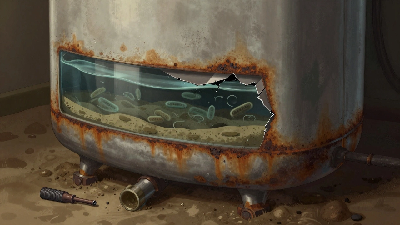 Cross-section of a corroded water heater showing sediment buildup, rusted tank, and broken anode rod.