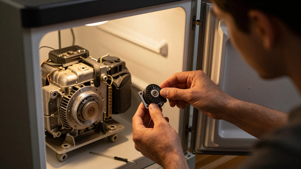 DIYer inspecting freezer start relay with back panel removed.