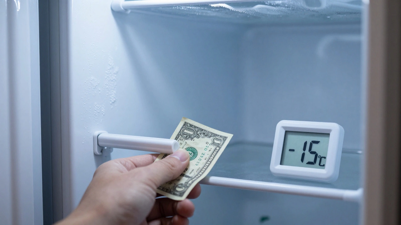 Freezer door seal being tested with a dollar bill, frost inside visible.