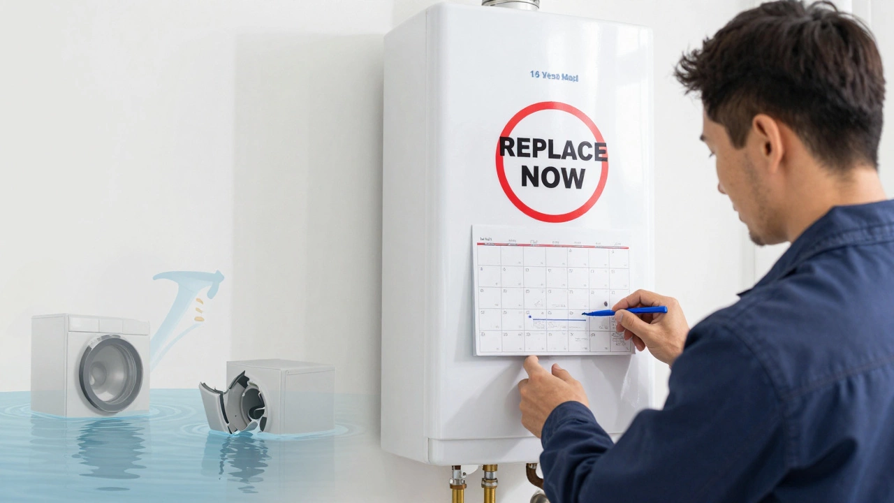 Homeowner inspecting a 14-year-old water heater label while ghost images of flooding and high bills fade in the background.