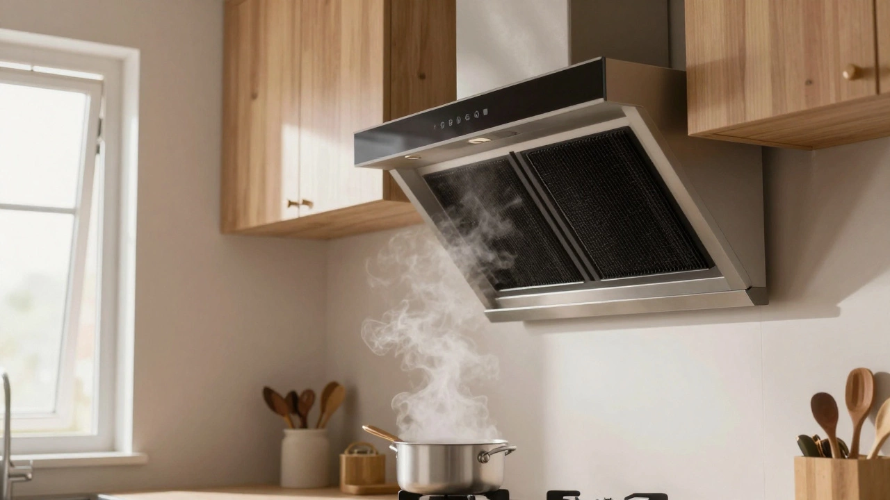 Kitchen with recirculating range hood above stove, steam rising, window slightly open.