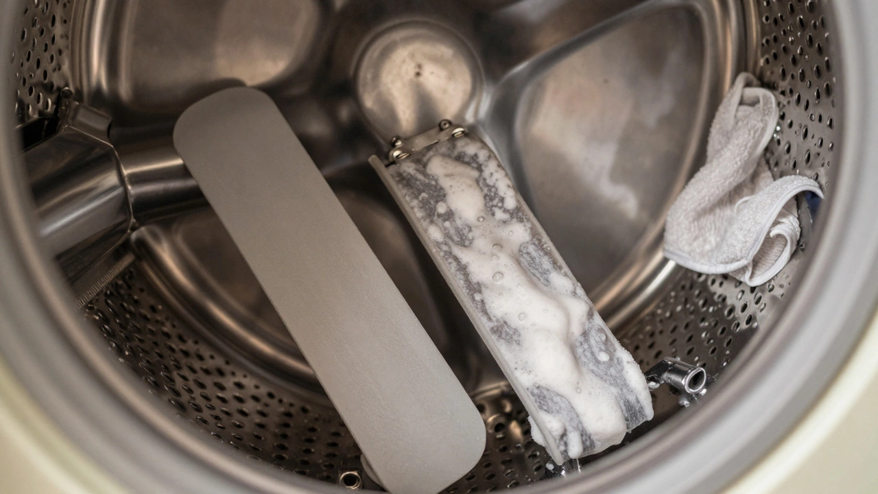 Moisture sensor strips inside a dryer drum, one clean and one coated in residue.