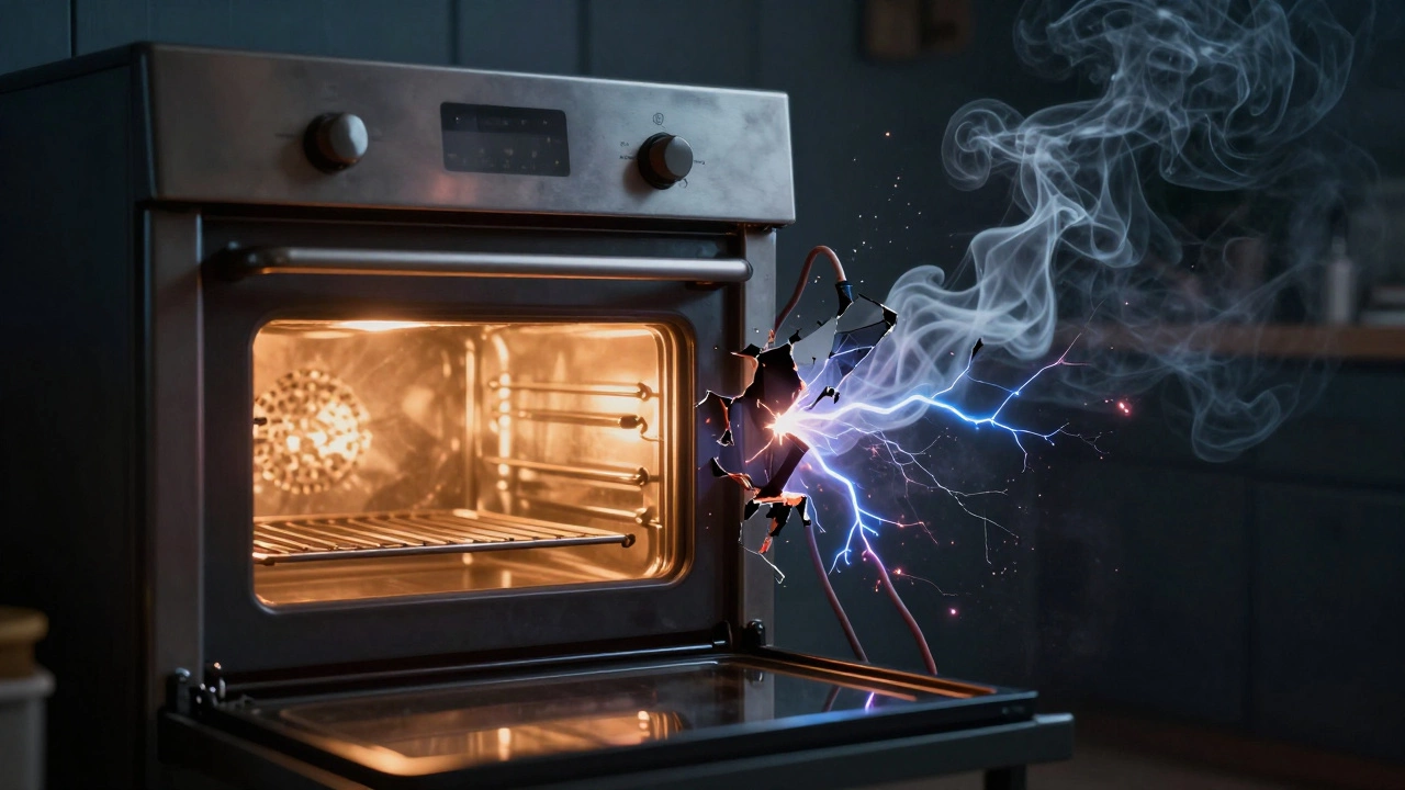 Oven with one side glowing normally and the other sparking dangerously from a broken element.