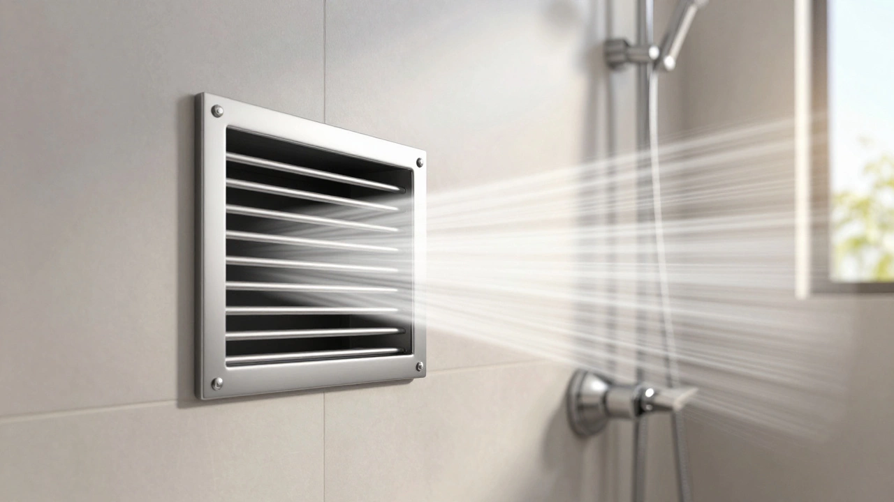 Passive wall vent in bathroom wall releasing moist air, no power cables, natural airflow.