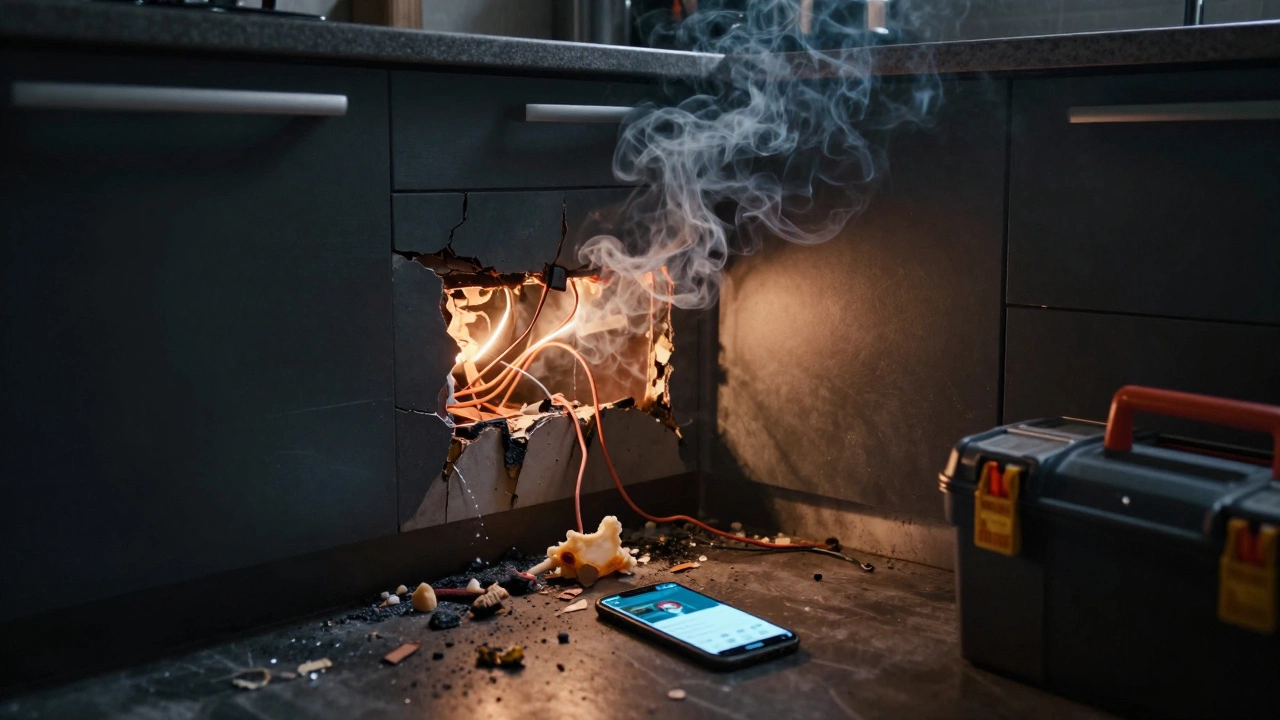 Smoke rising from behind a countertop due to faulty DIY electrical installation, glowing wires visible.