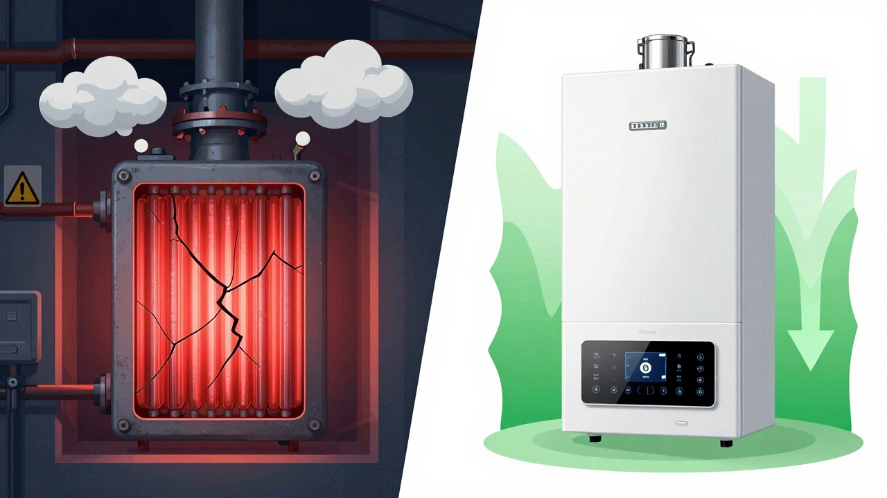 Split illustration showing a cracked heat exchanger with dangerous fumes versus a modern efficient boiler with smart features.